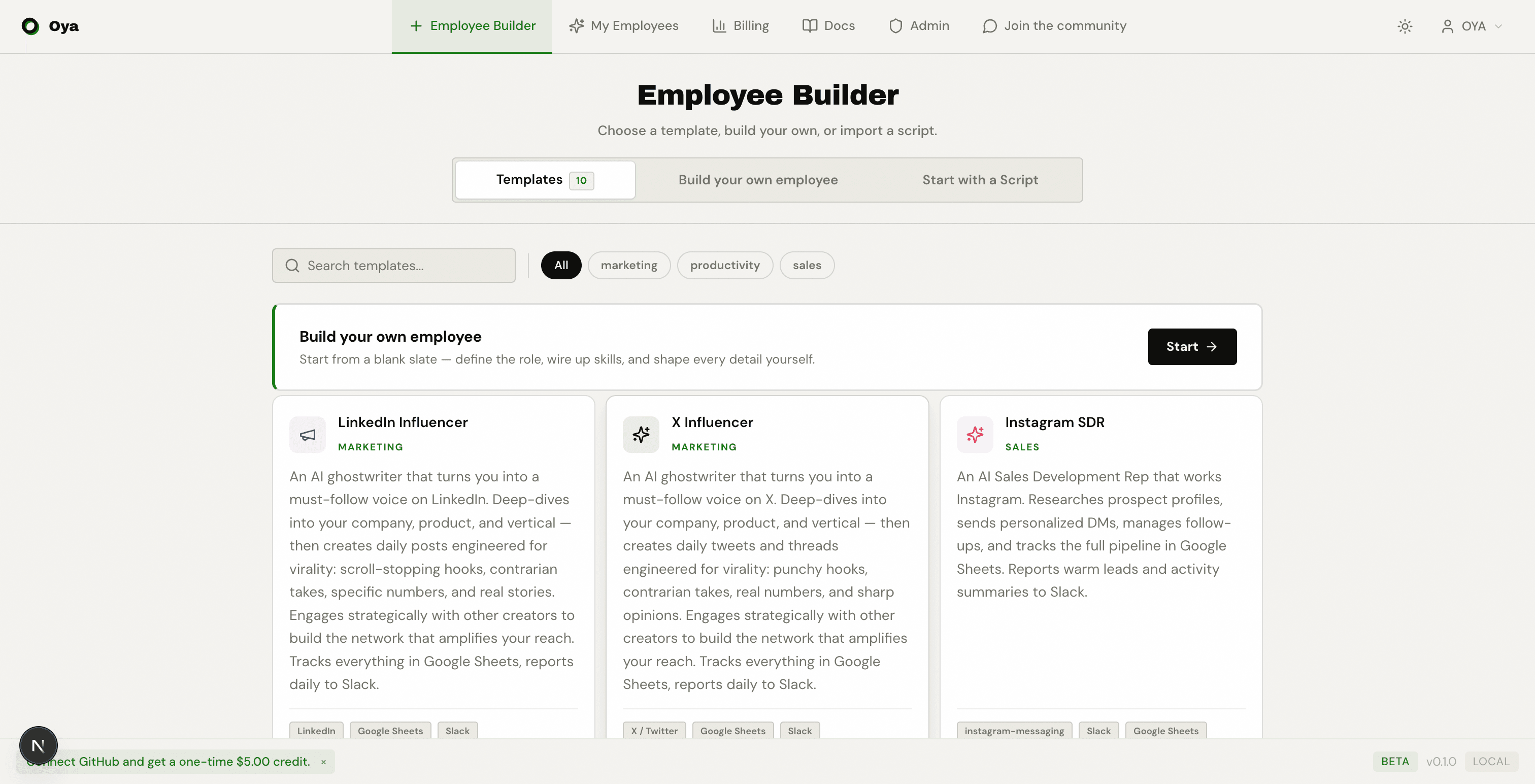 Employee Builder landing page showing Templates, Build your own employee, and Start with a Script tabs