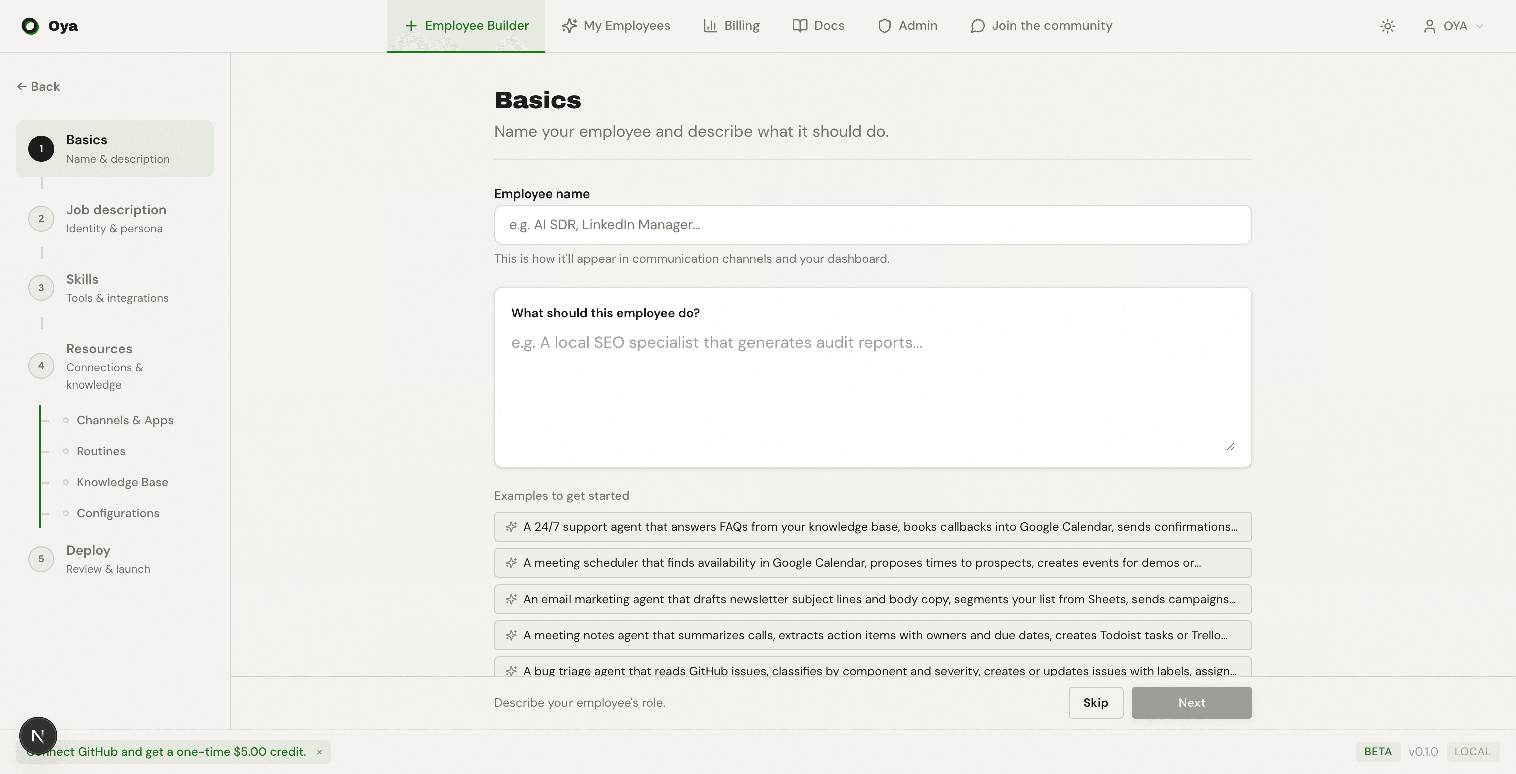 Basics step with employee name input and description field with example suggestions
