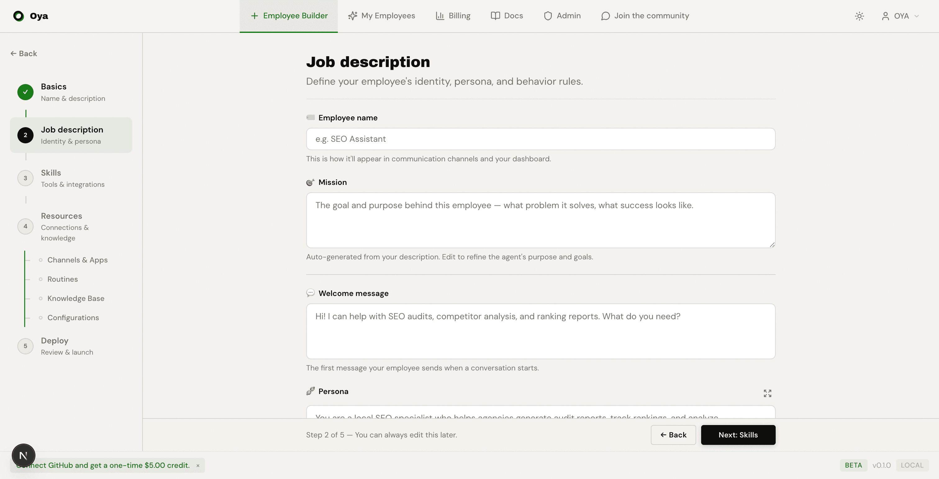 Behavior rules section with suggestion chips