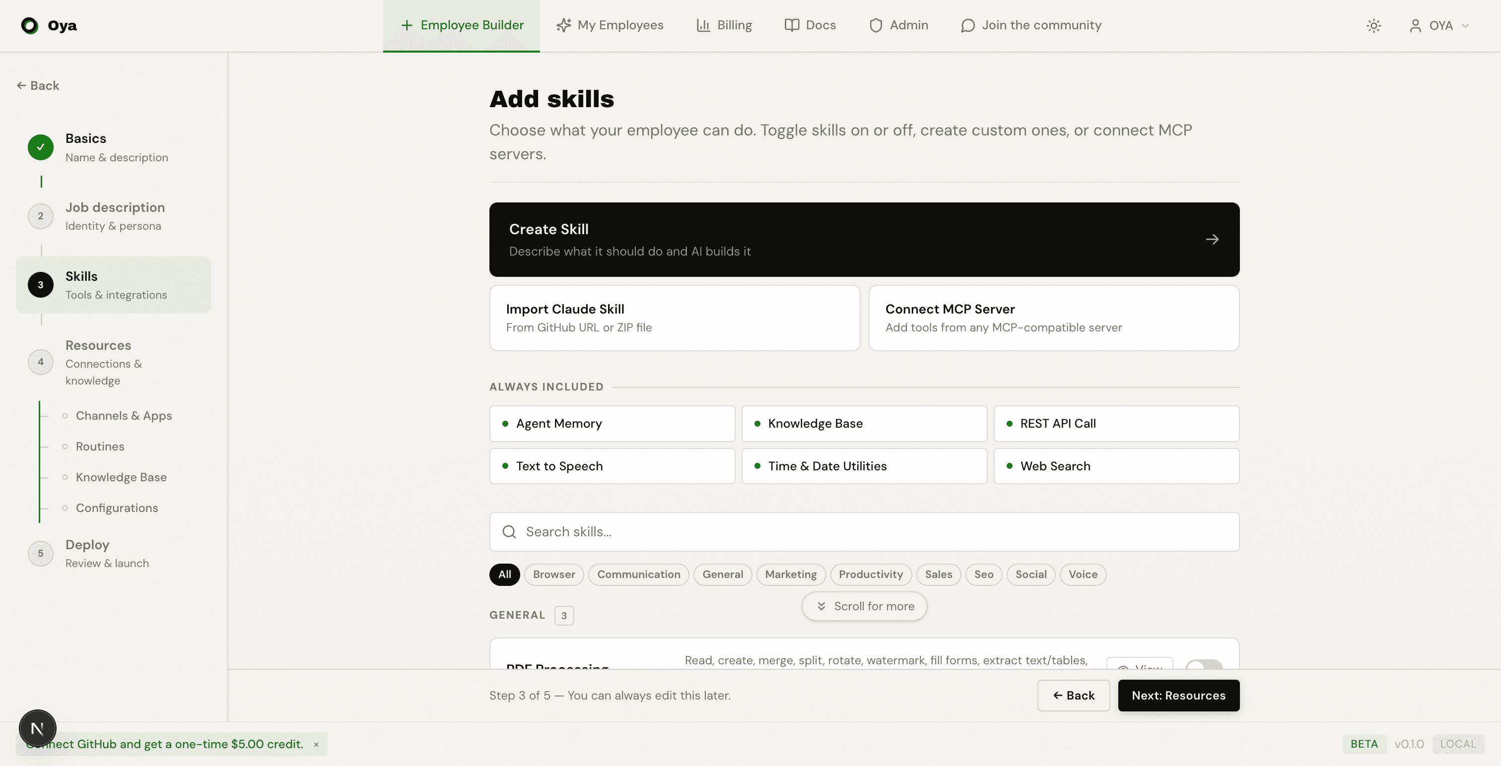 Skills step showing catalog, installed, and enabled sections