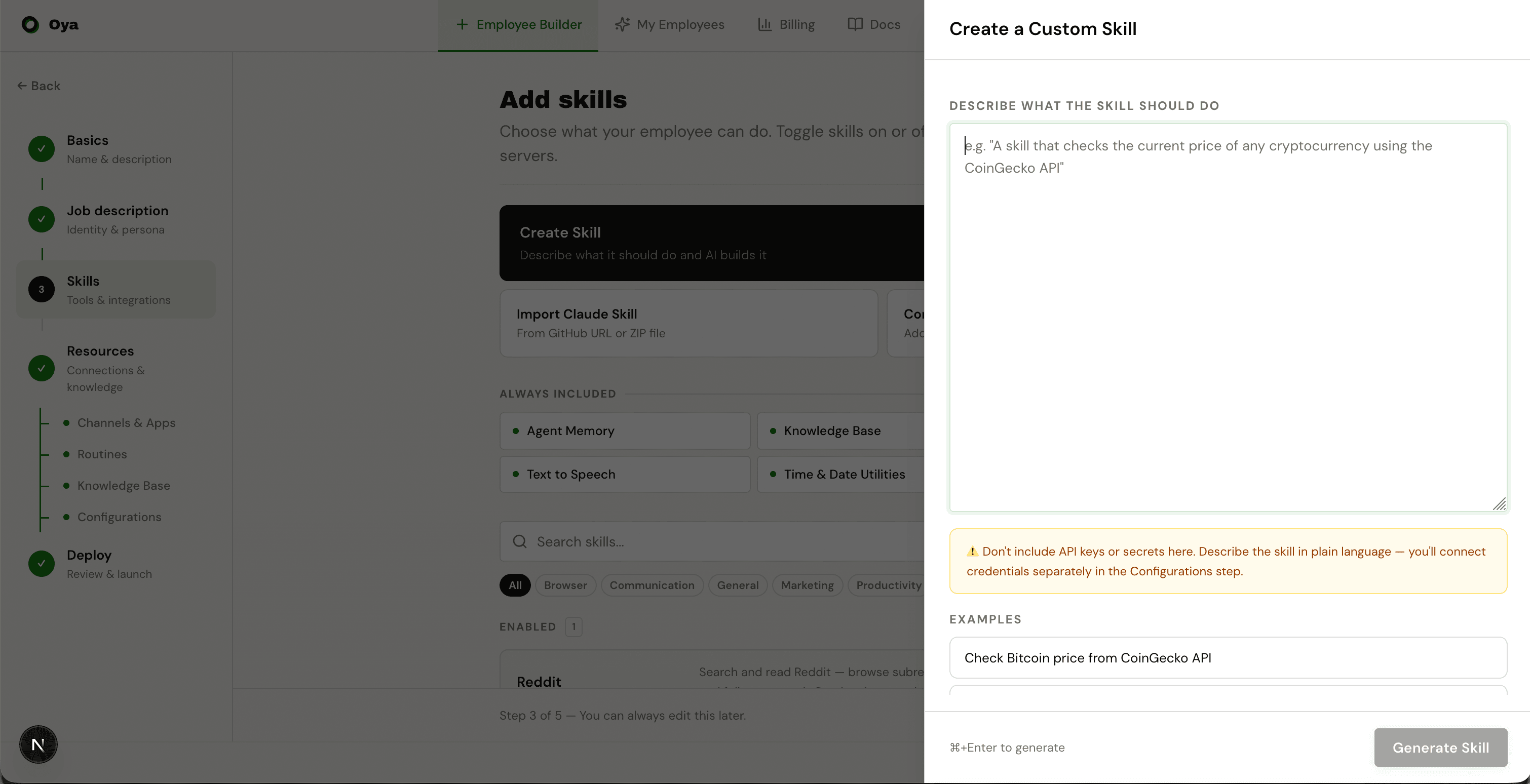 Create a Custom Skill dialog with AI generation