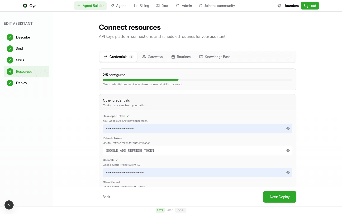 Credentials tab showing auto-populated fields from skills