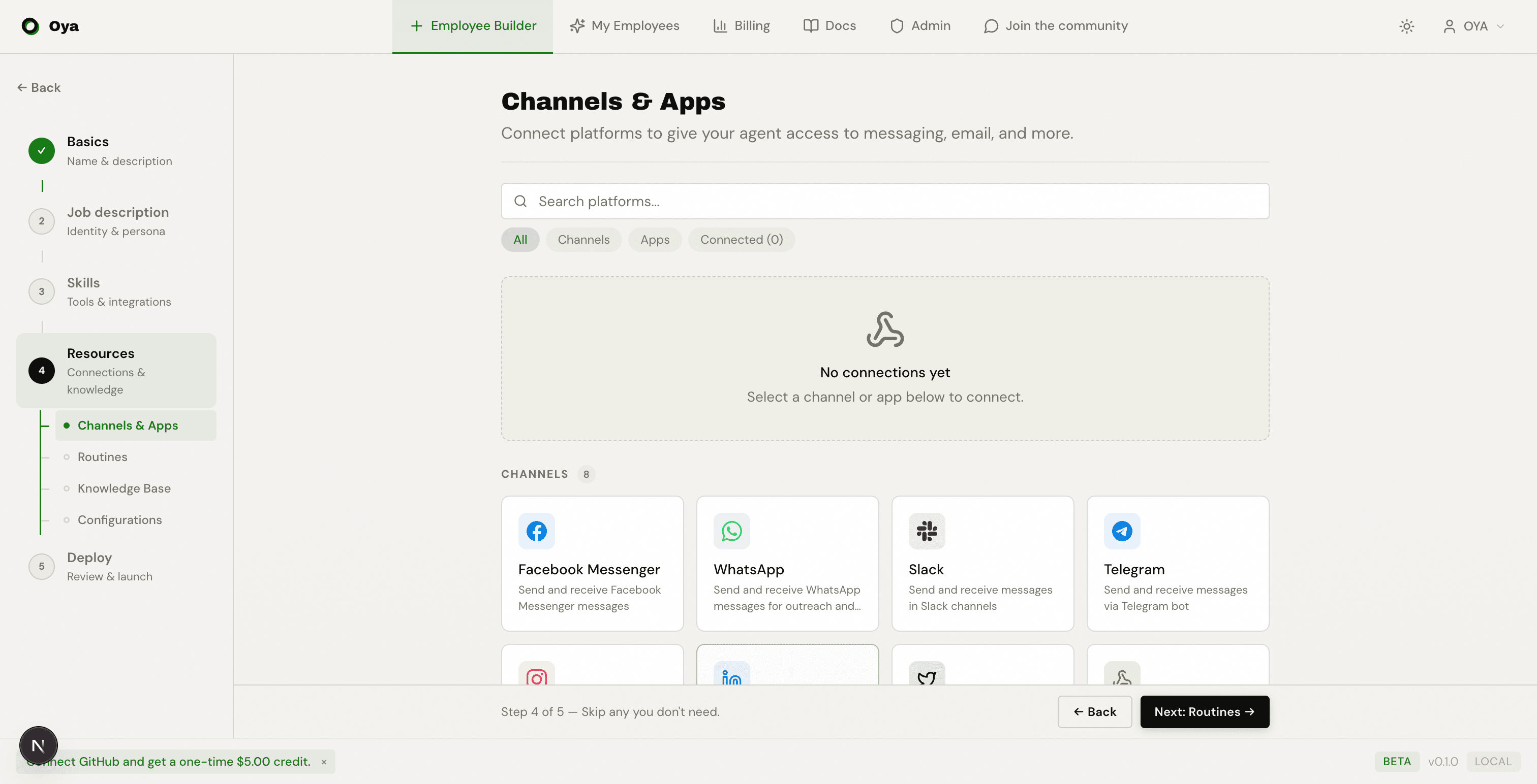 Platforms tab with Slack expanded