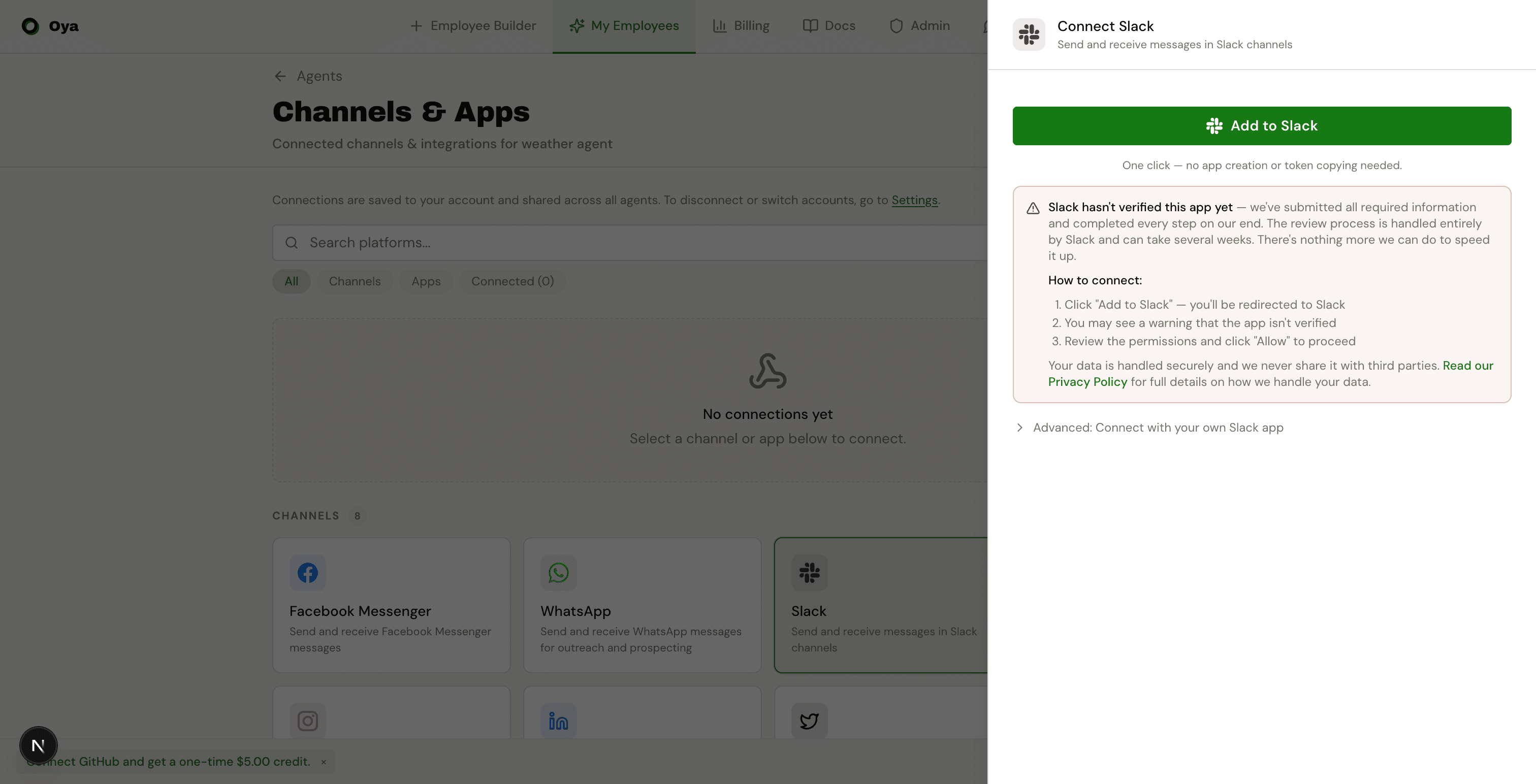 Slack gateway connection dialog