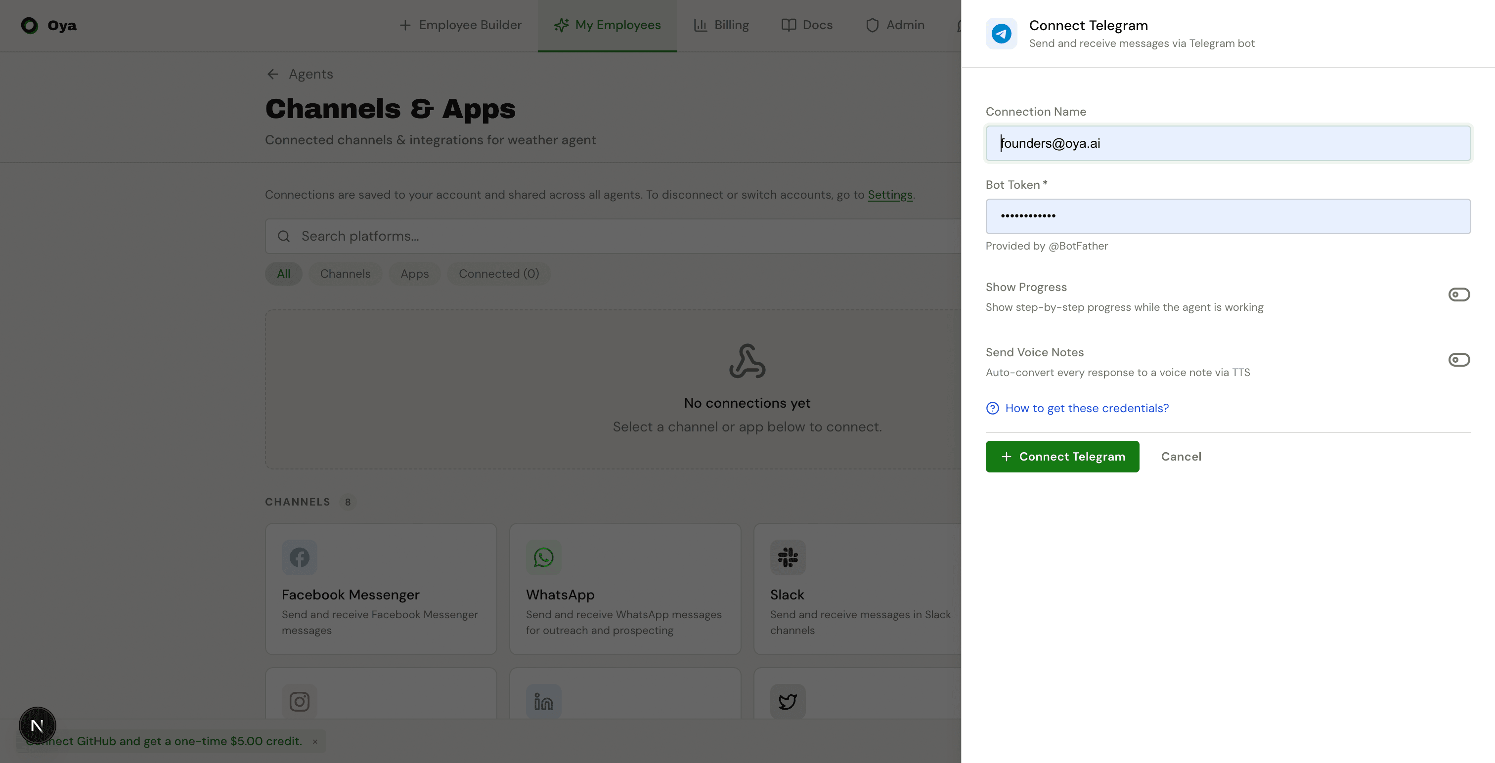 Telegram gateway connection dialog