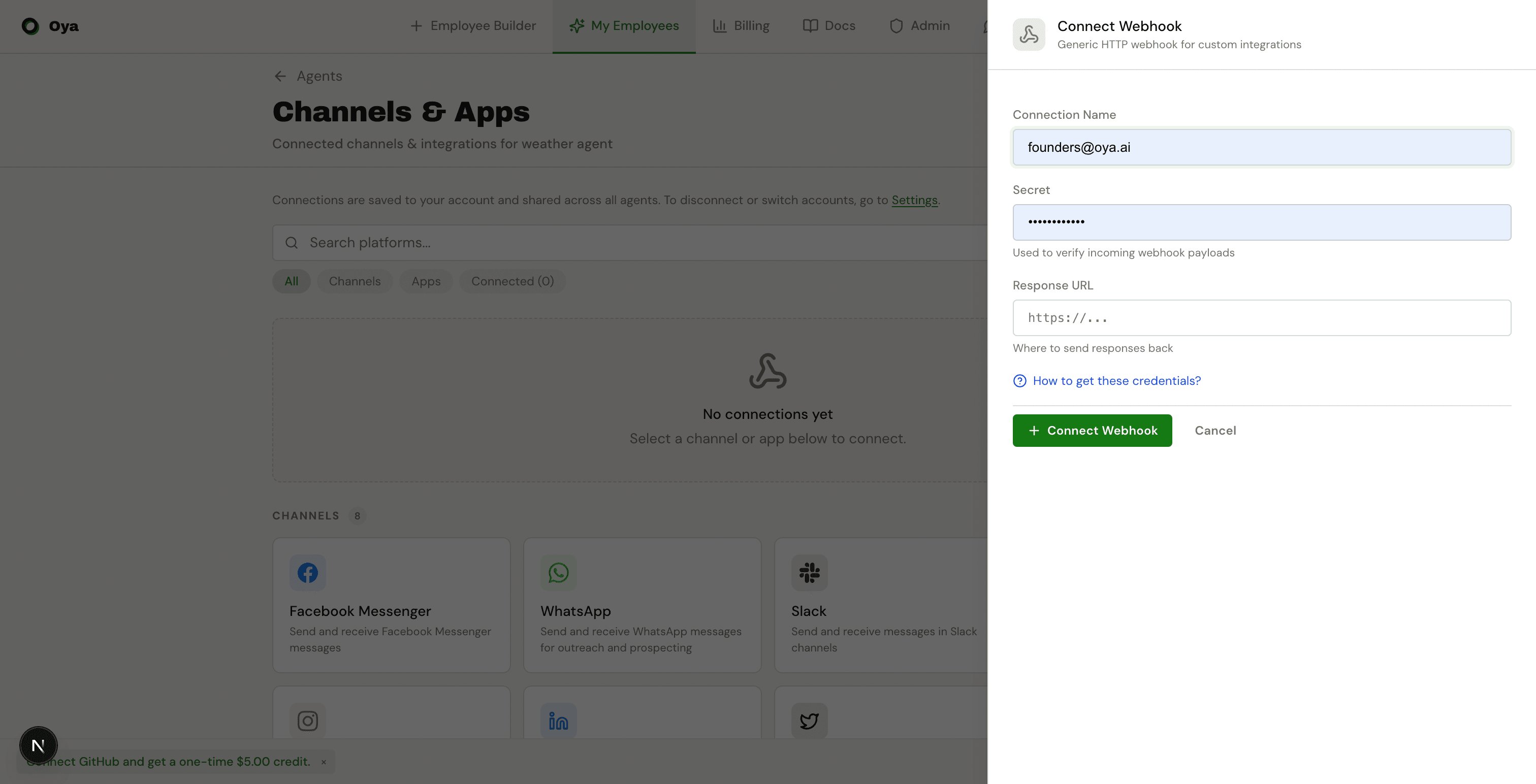 Webhook gateway connection dialog