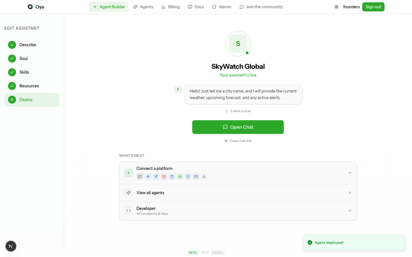 Post-deployment page showing platforms and API access