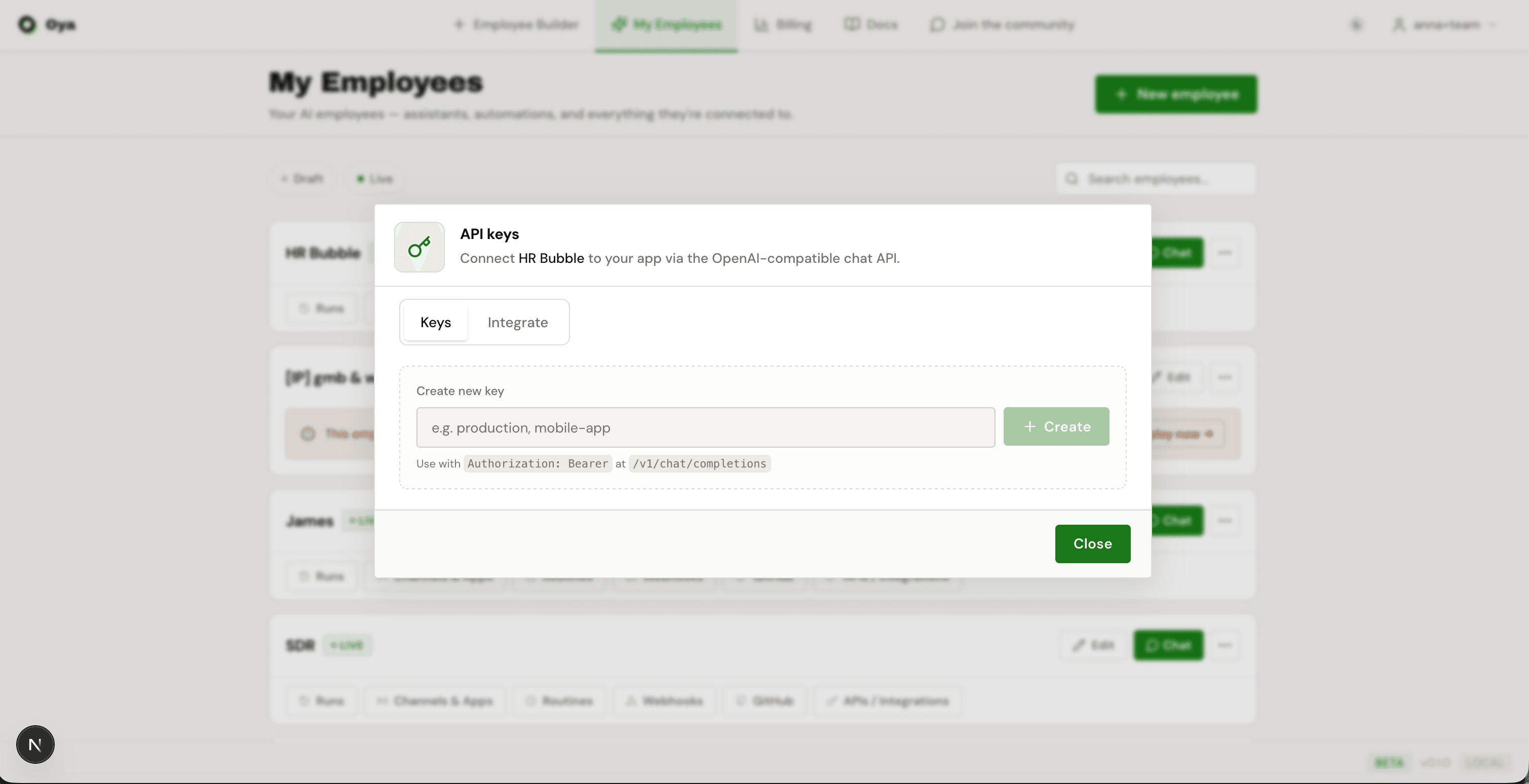 API key creation dialog with name field and Create button