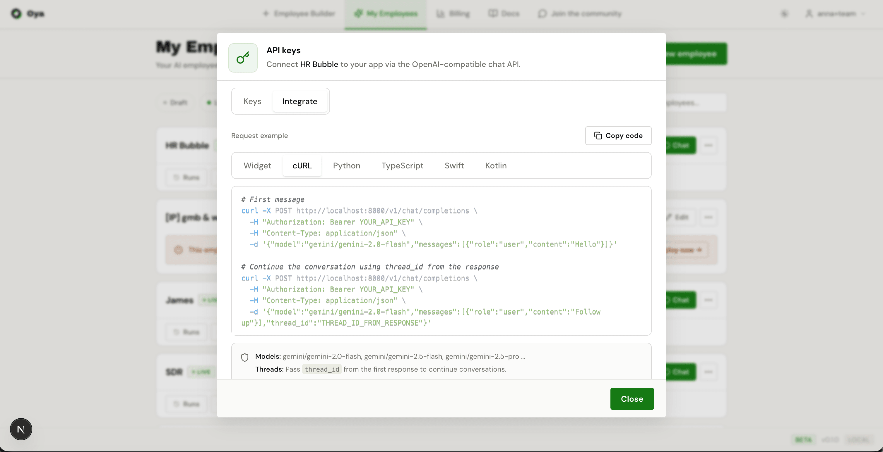 cURL example for calling the API