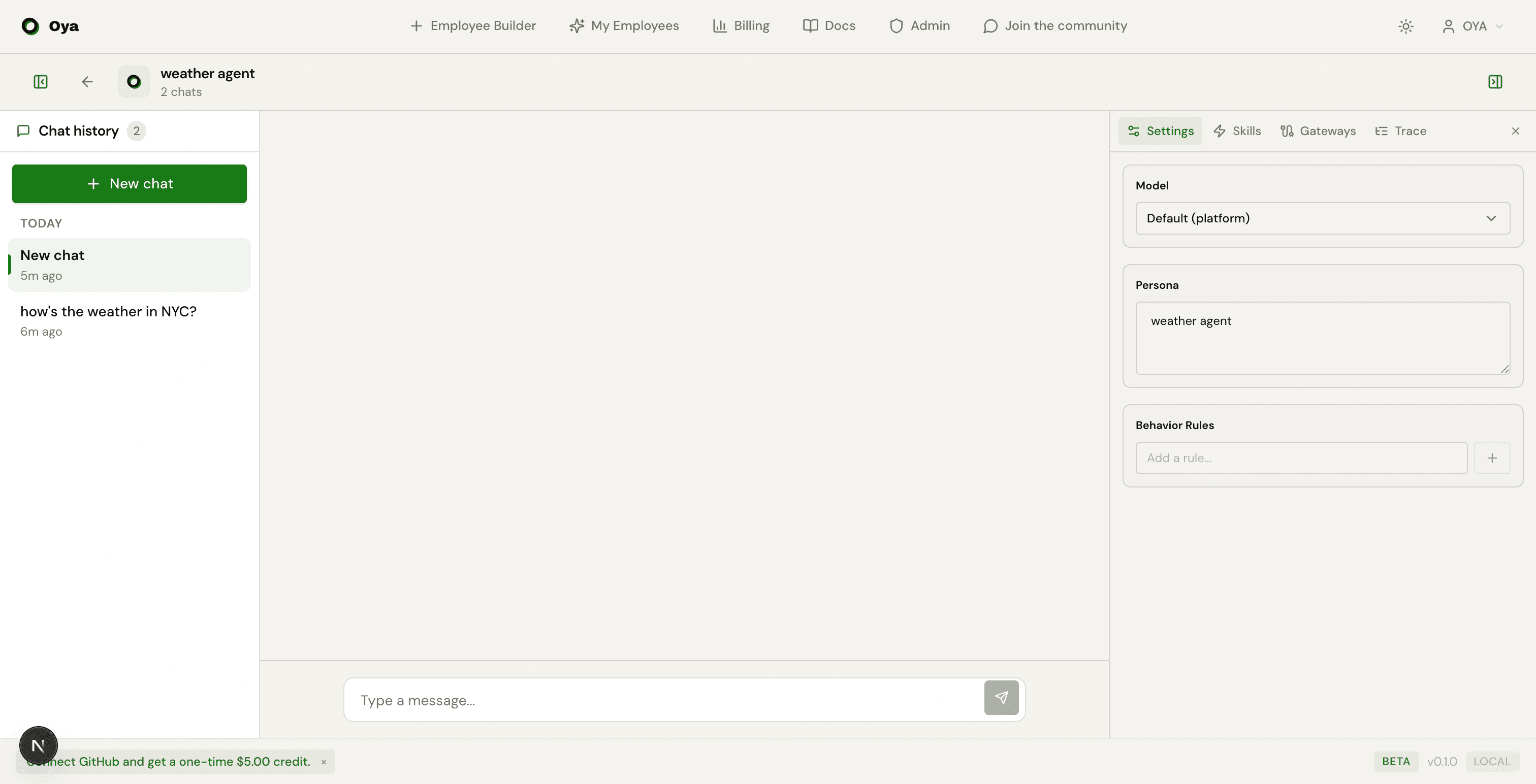 Chat interface showing agent name, thread sidebar, settings panel with model and persona, and message input