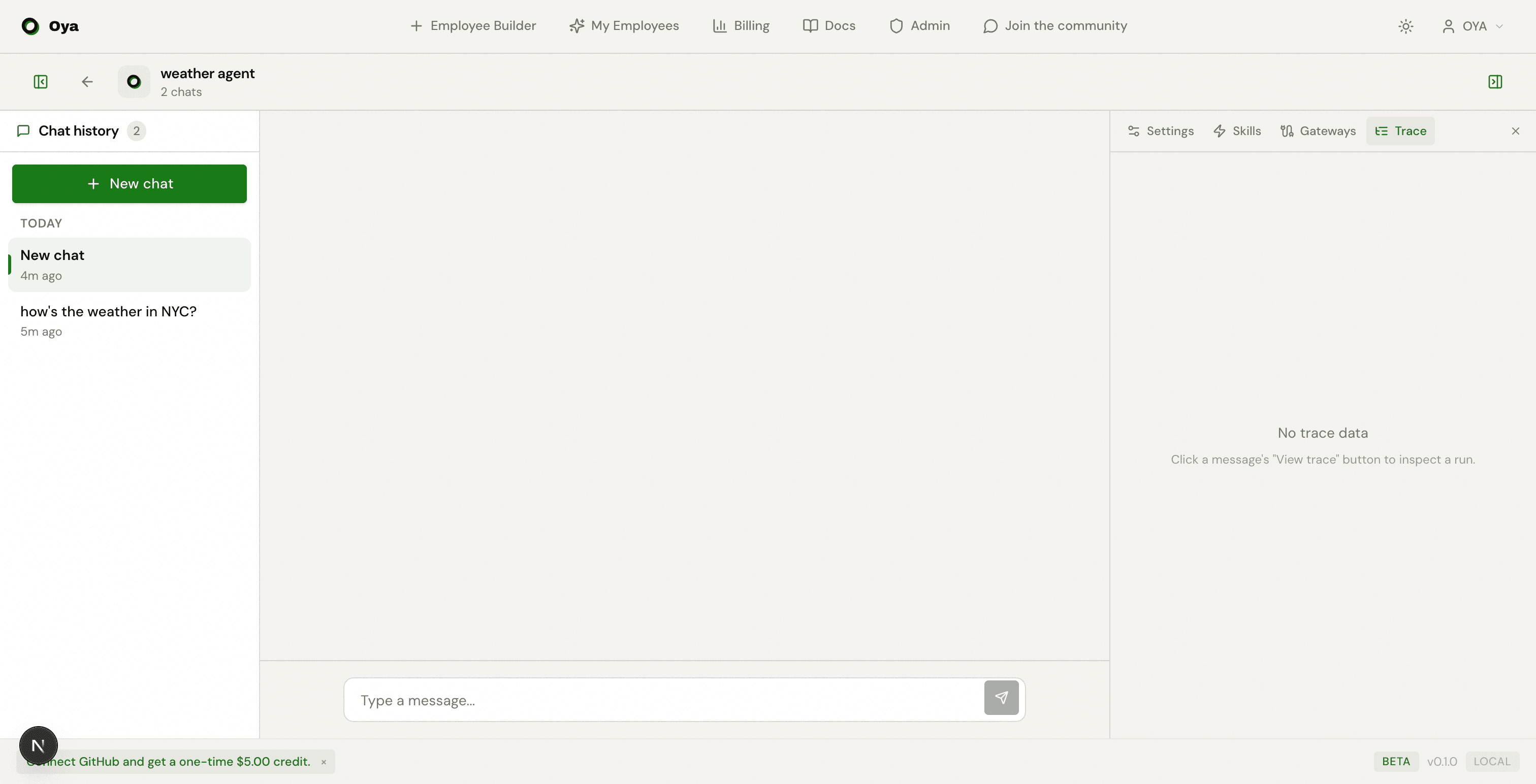 Trace panel showing execution trace data for message runs