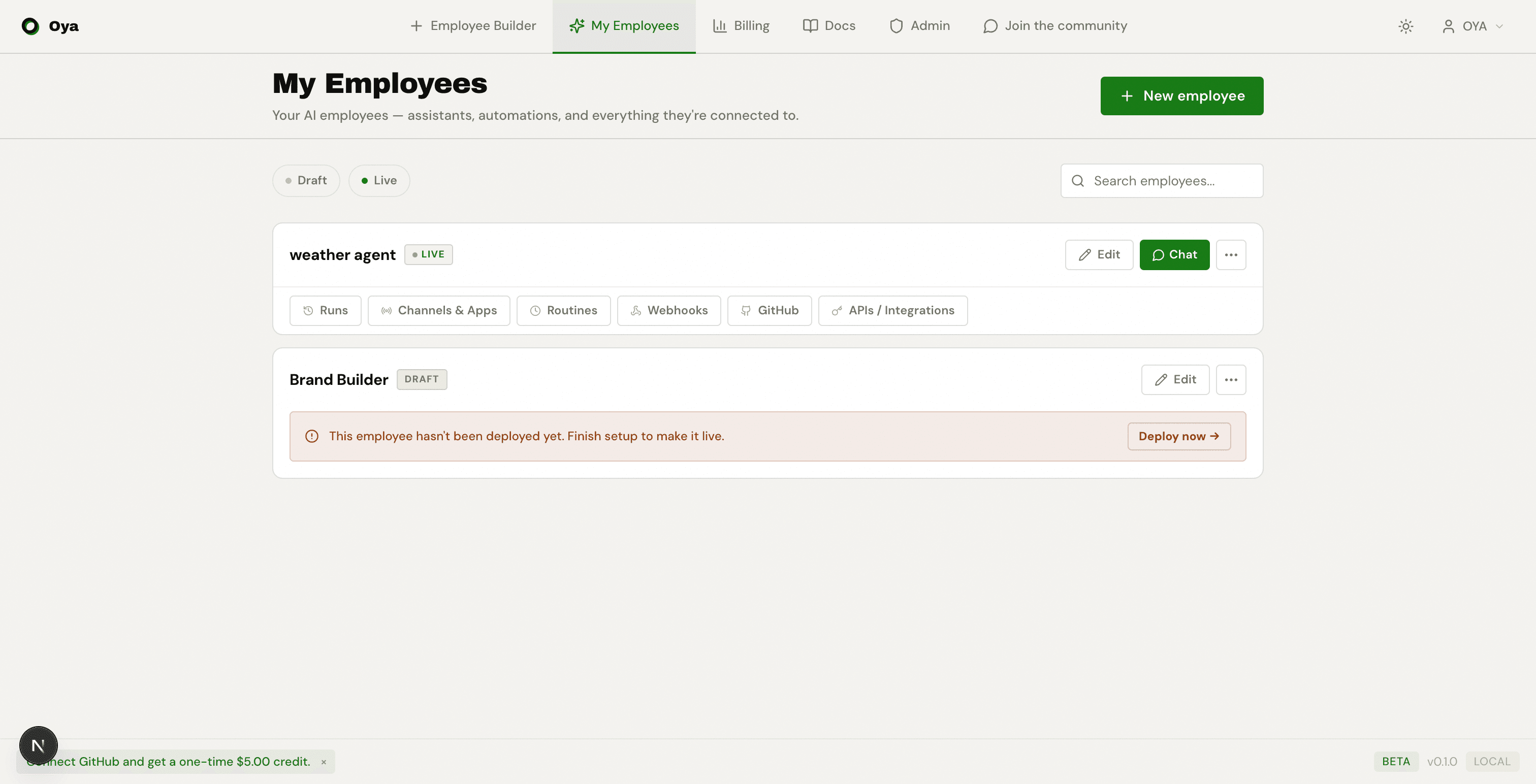 My Employees page showing Draft and Live filter tabs, search bar, and agent cards with navigation links