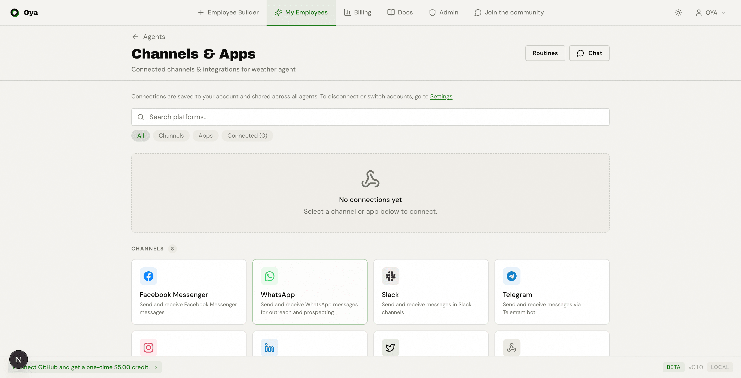 Channels & Apps page showing channels and apps grid with search and filter tabs