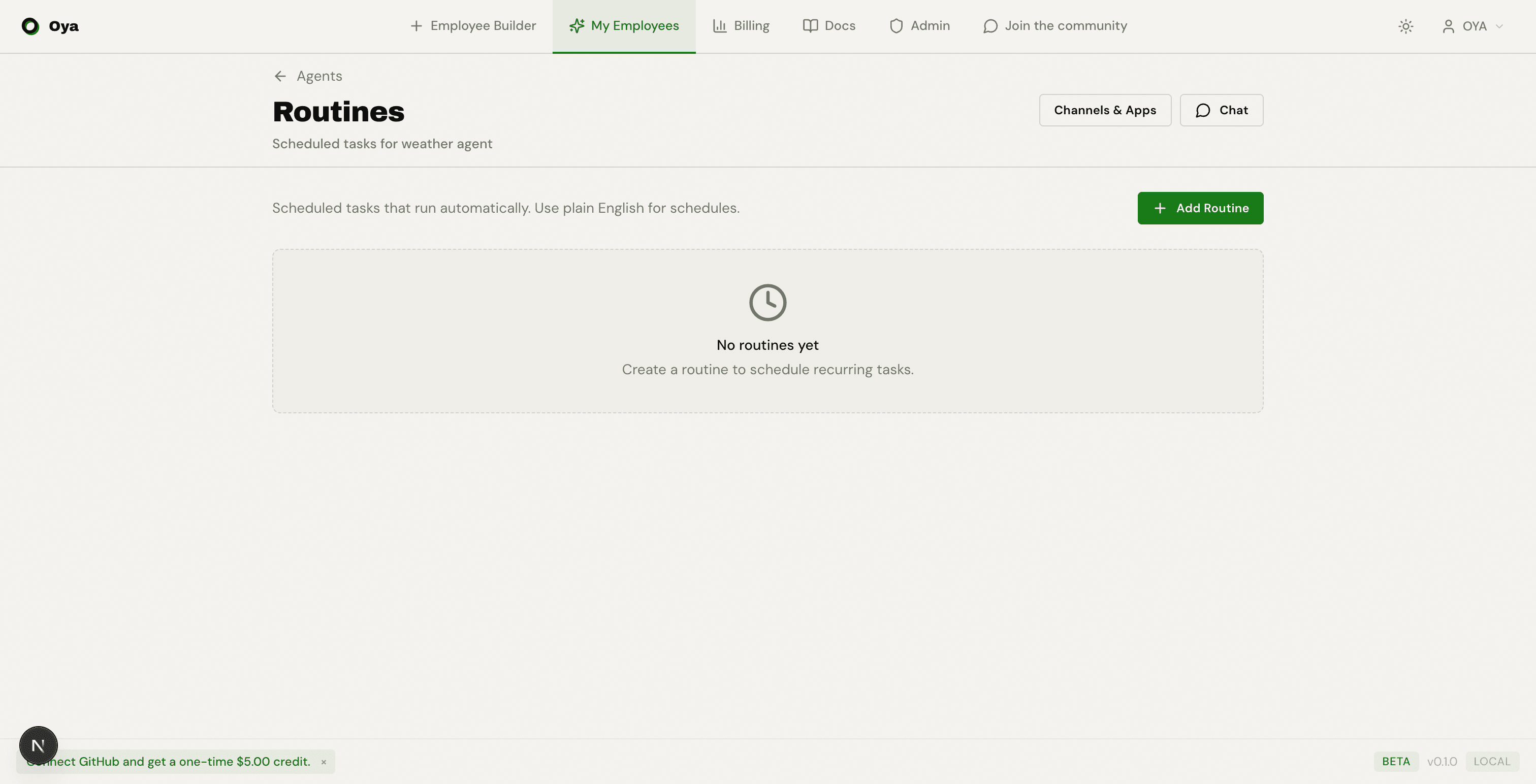 Routines page showing scheduled tasks