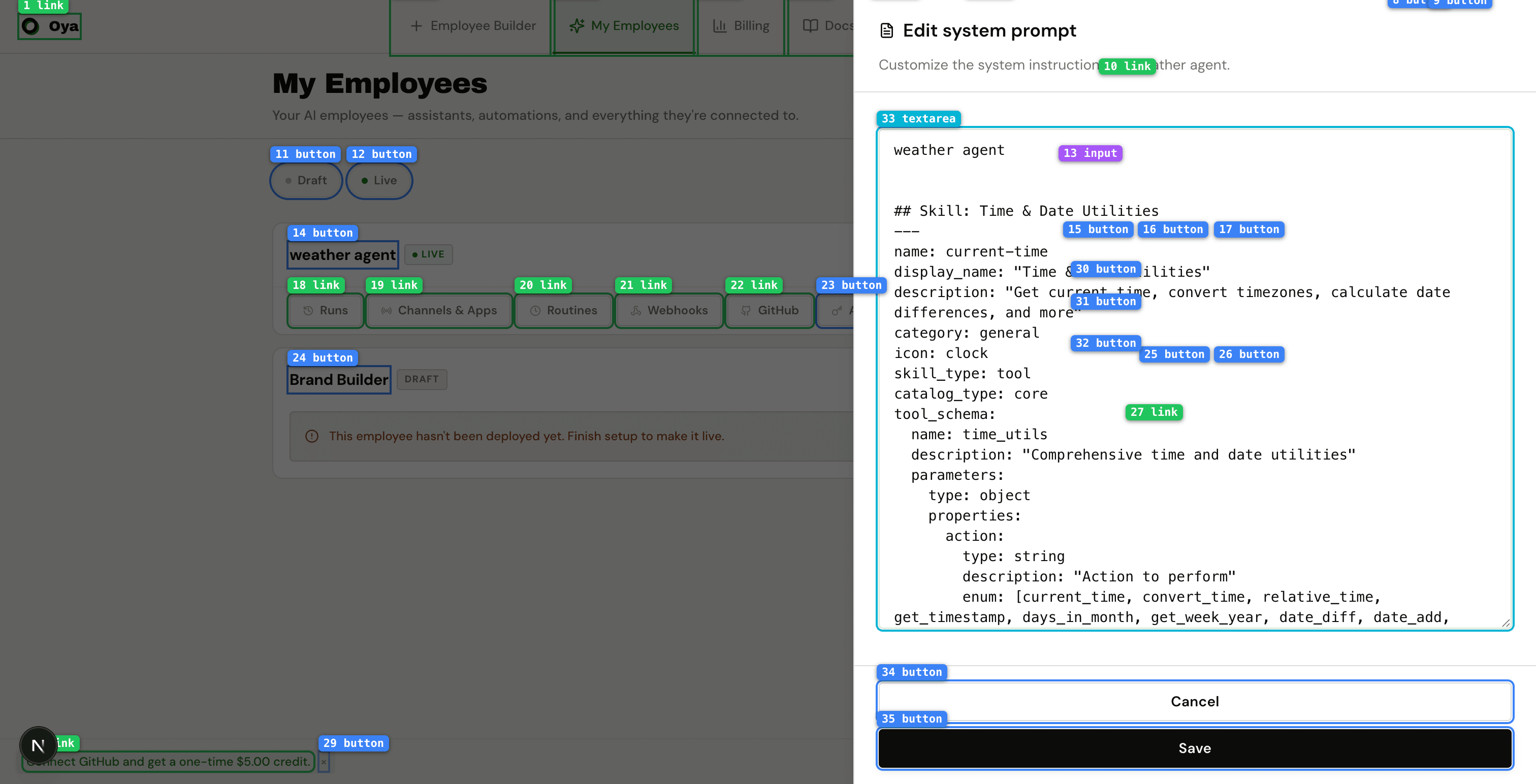 System prompt editor showing persona, rules, and skill definitions