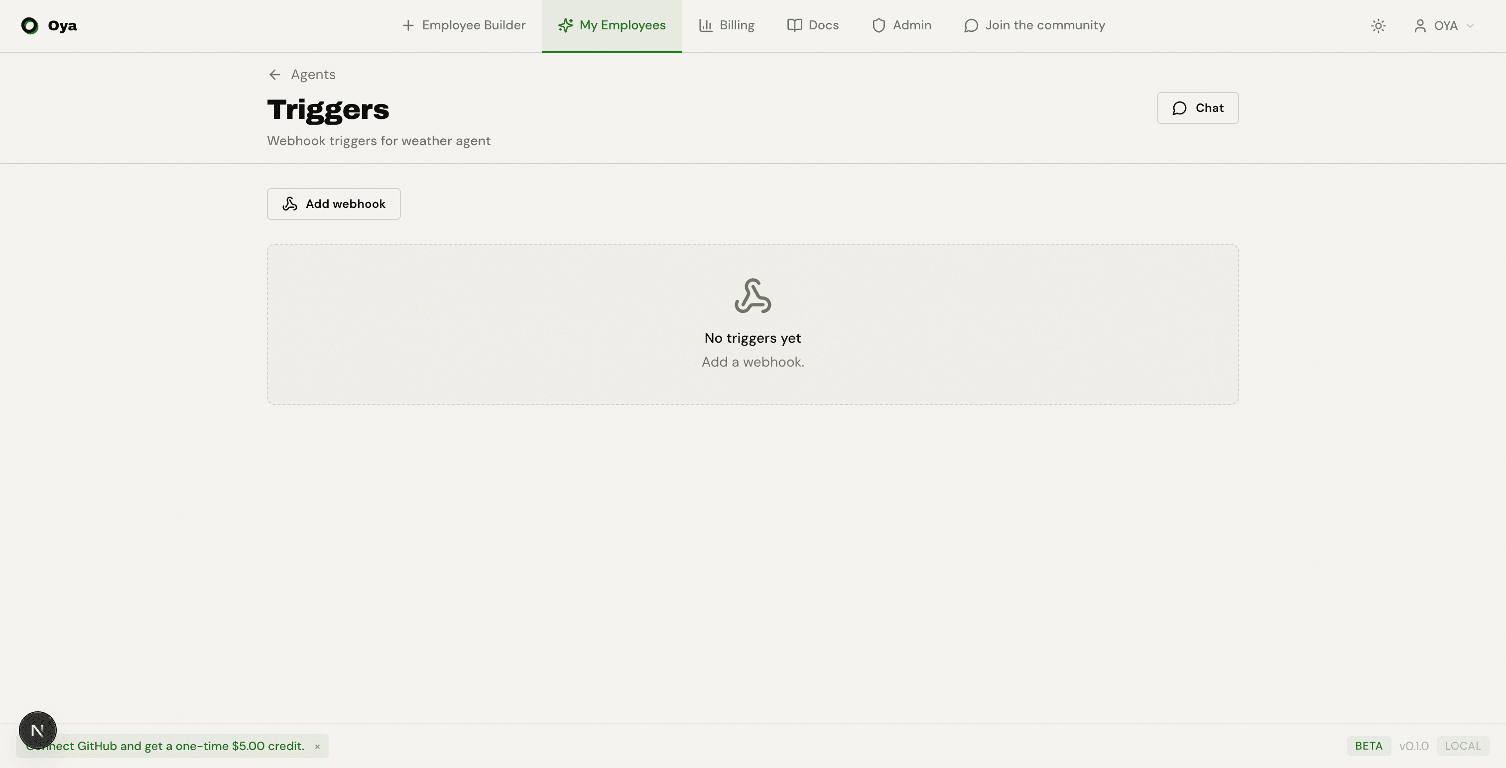 Triggers page showing webhook triggers list with Add webhook button