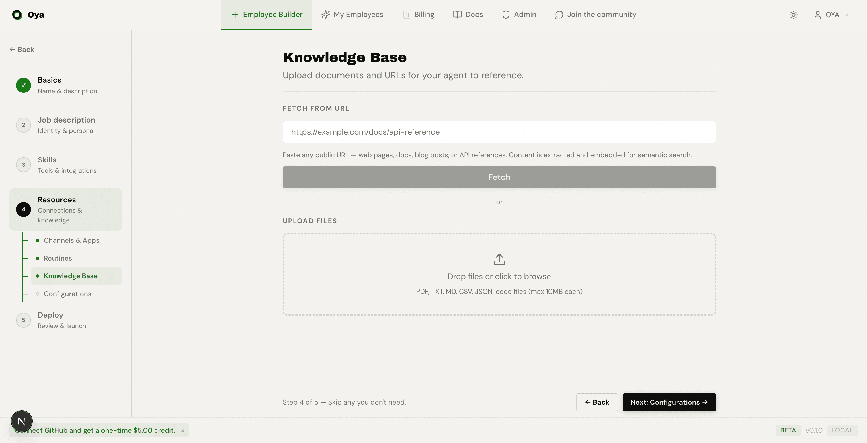 Knowledge Base step showing URL fetch field and drag-and-drop file upload area