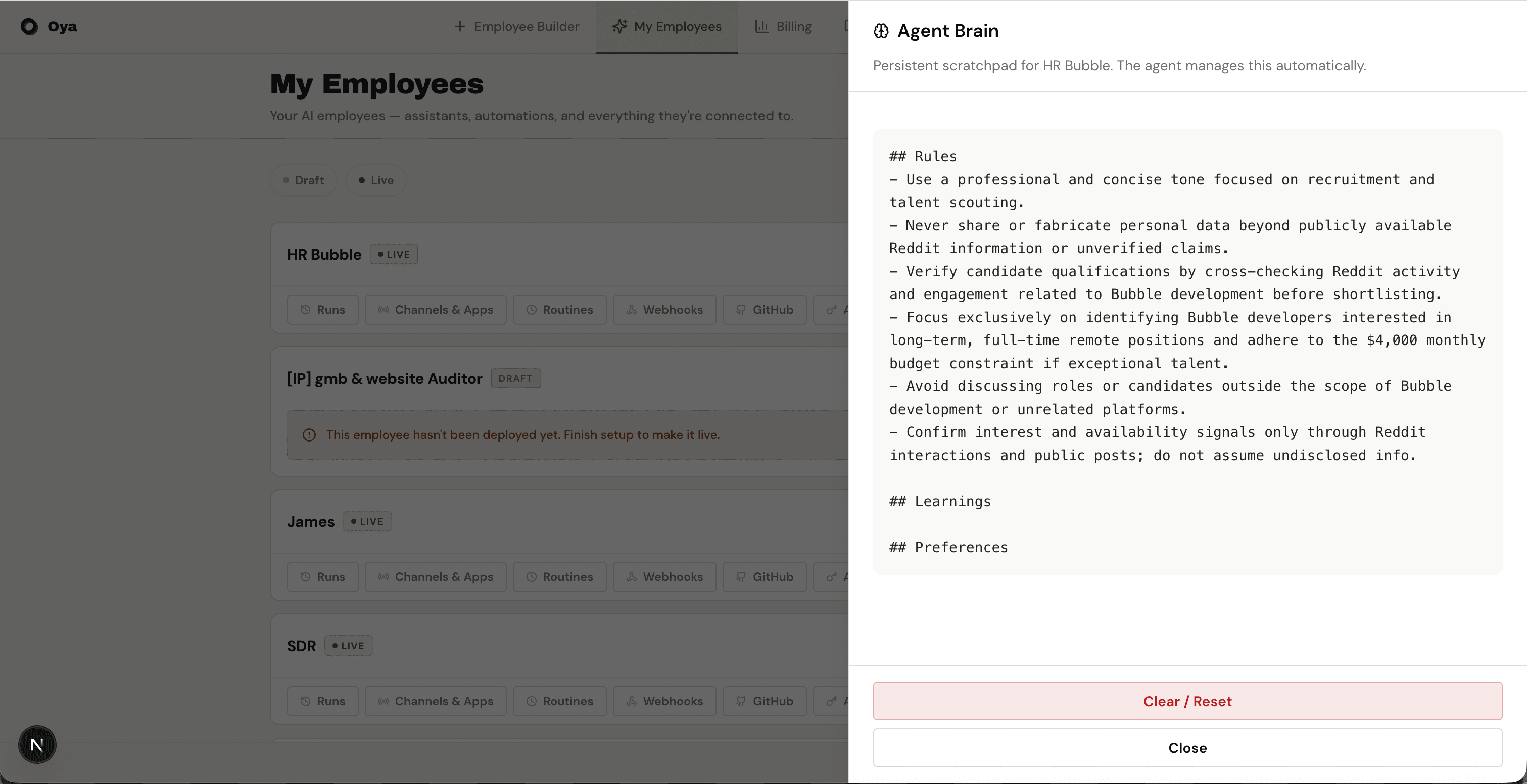 Agent brain viewer sheet opened from agent card