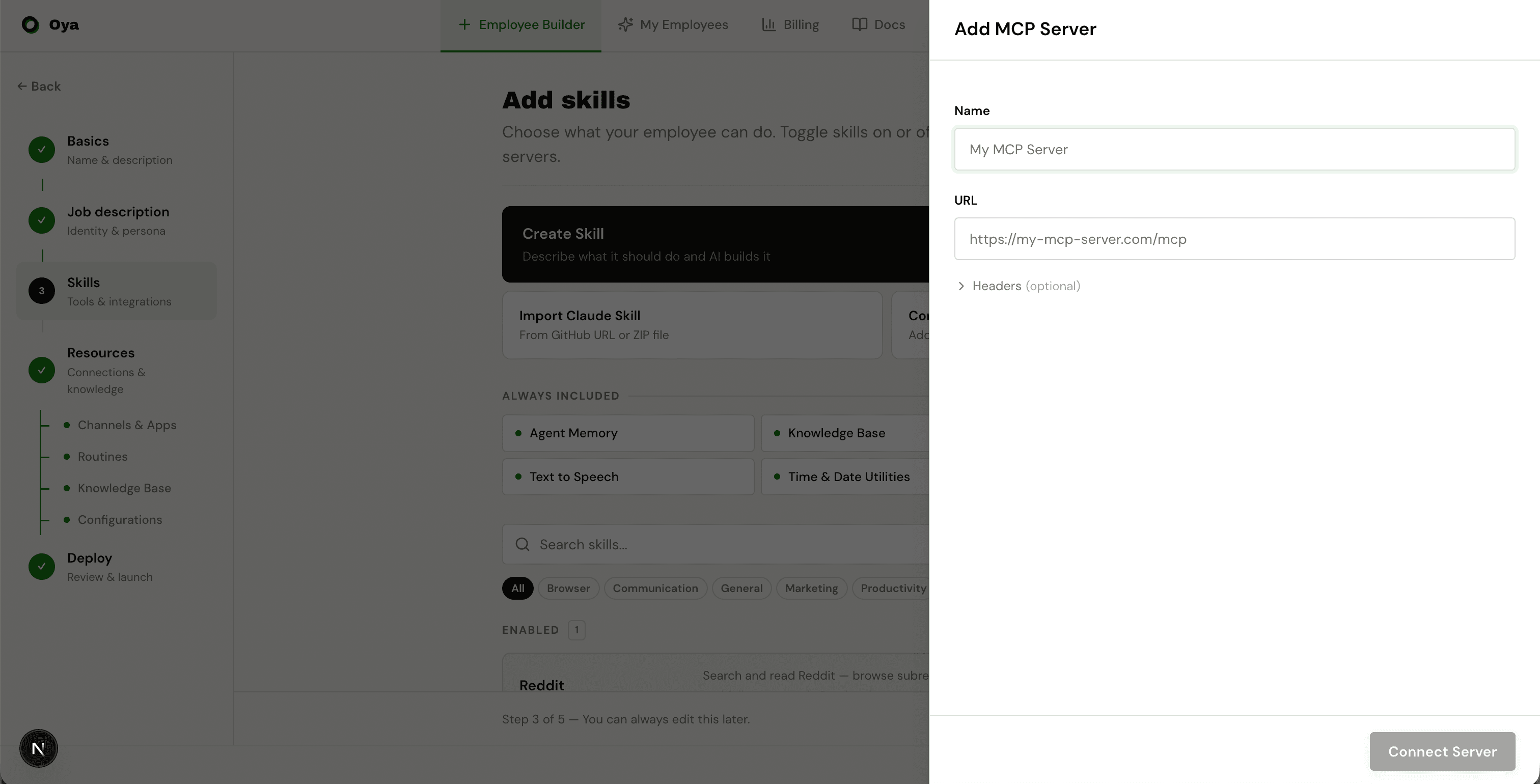 MCP server connection dialog with name and URL fields