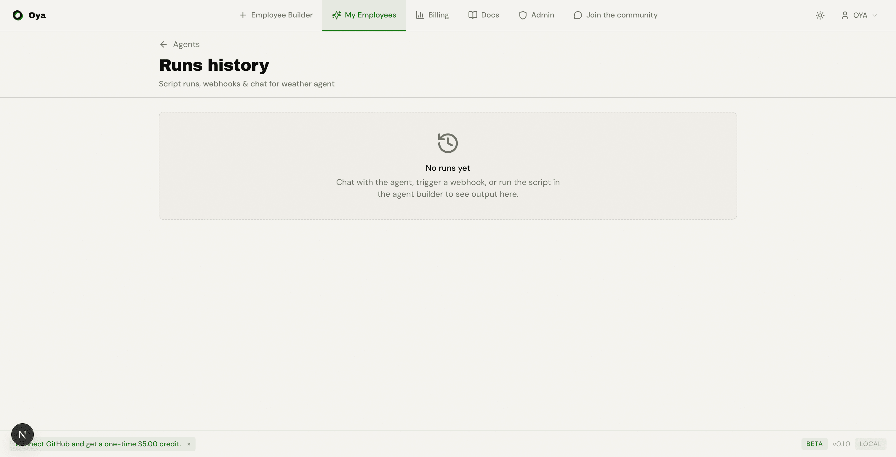 Runs page with filter bar and expandable run cards
