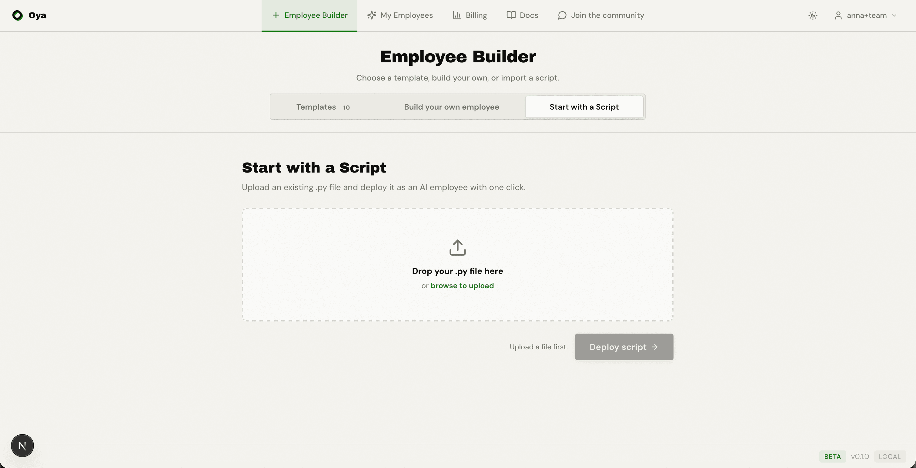 Start with a Script tab showing drag-and-drop upload area
