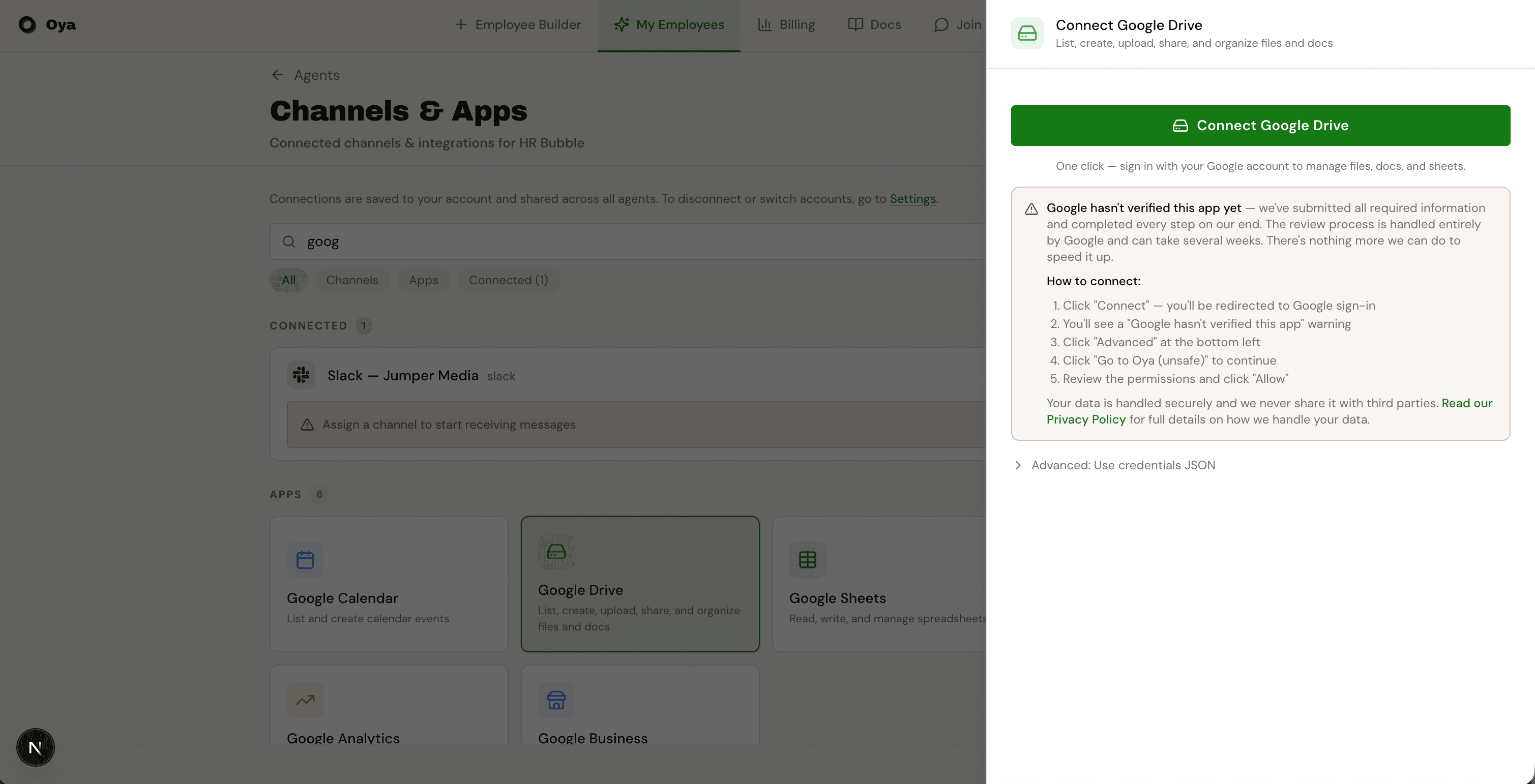 Google Drive gateway connection dialog