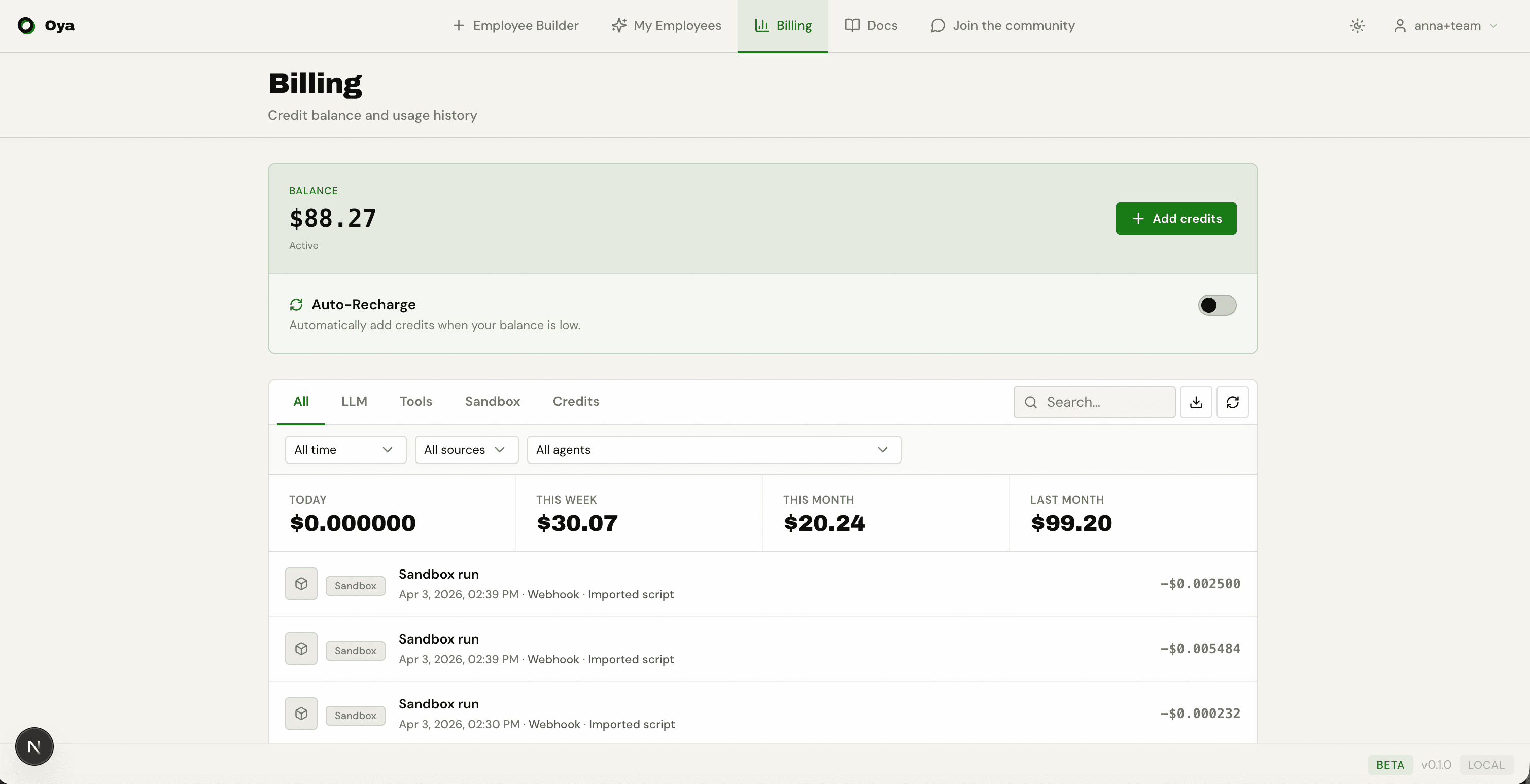 Billing page showing balance, usage records with model names, and filters