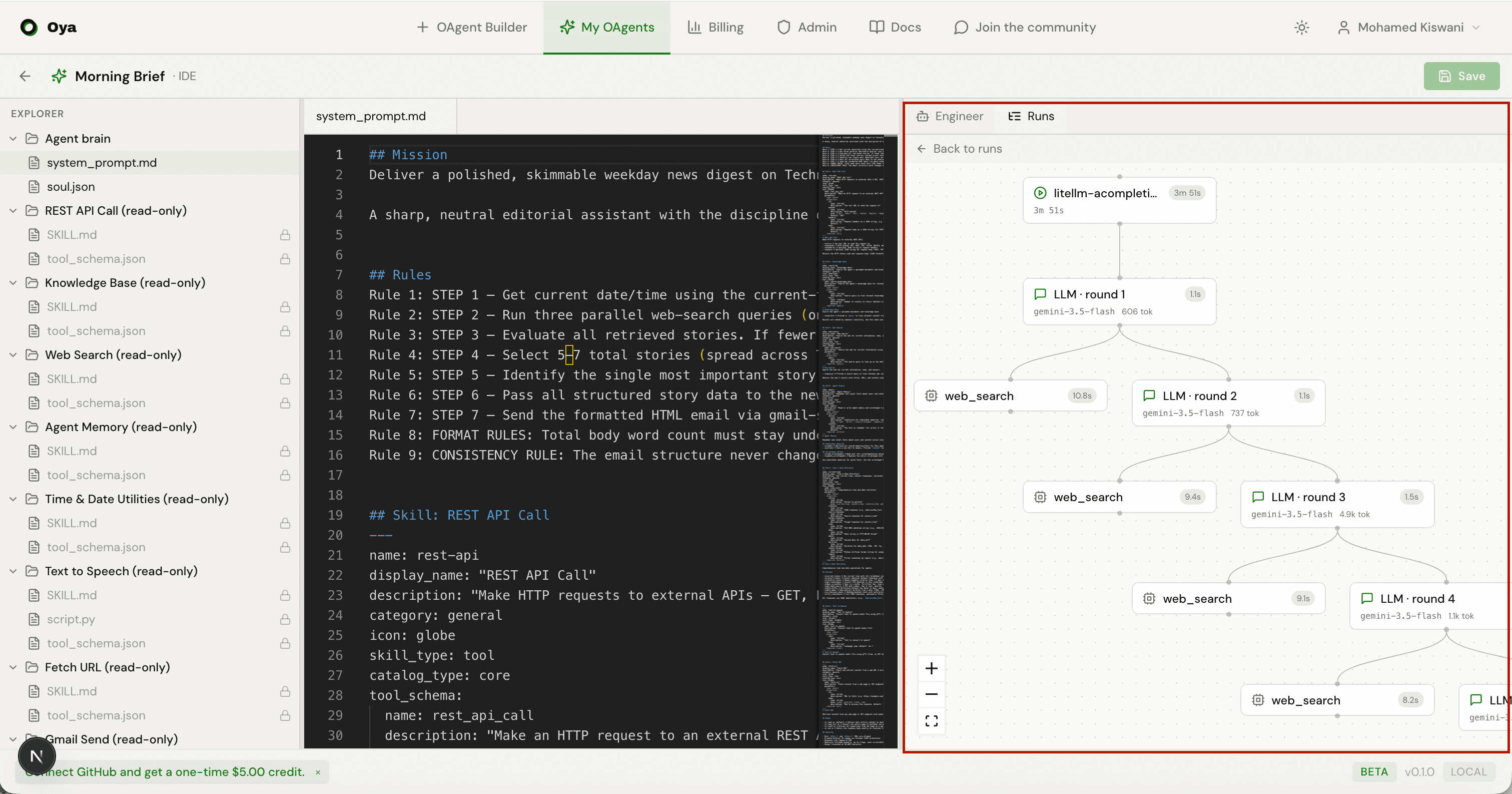 Interactive DAG trace viewer with LLM and skill nodes on the left and a node inspector panel on the right showing input, output, tokens and cost